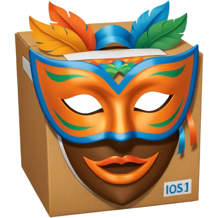 a box and a carnival mask in orange, blue and green on top of it , trying to make a carnival pack emoji