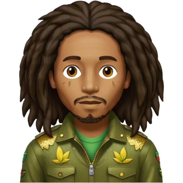 Bob Marley with long dark brown hair, olive sequin outfit emoji