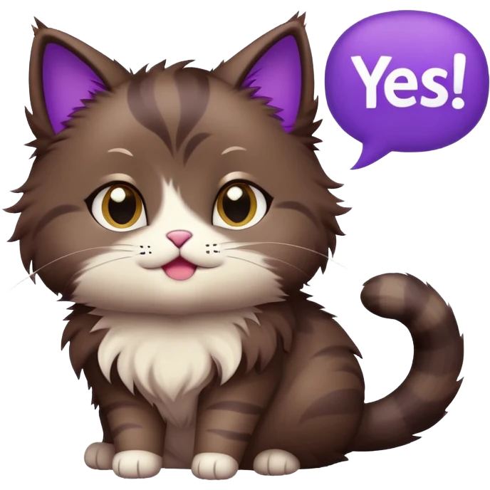 a dark-brown fluffy cute anime cat saying “yes” with a purple speech bubble emoji