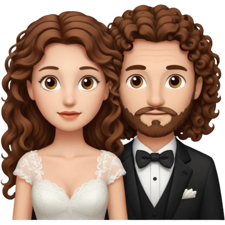 wedding couple woman with brown hair and eyes man with long curly hair and facial hair emoji