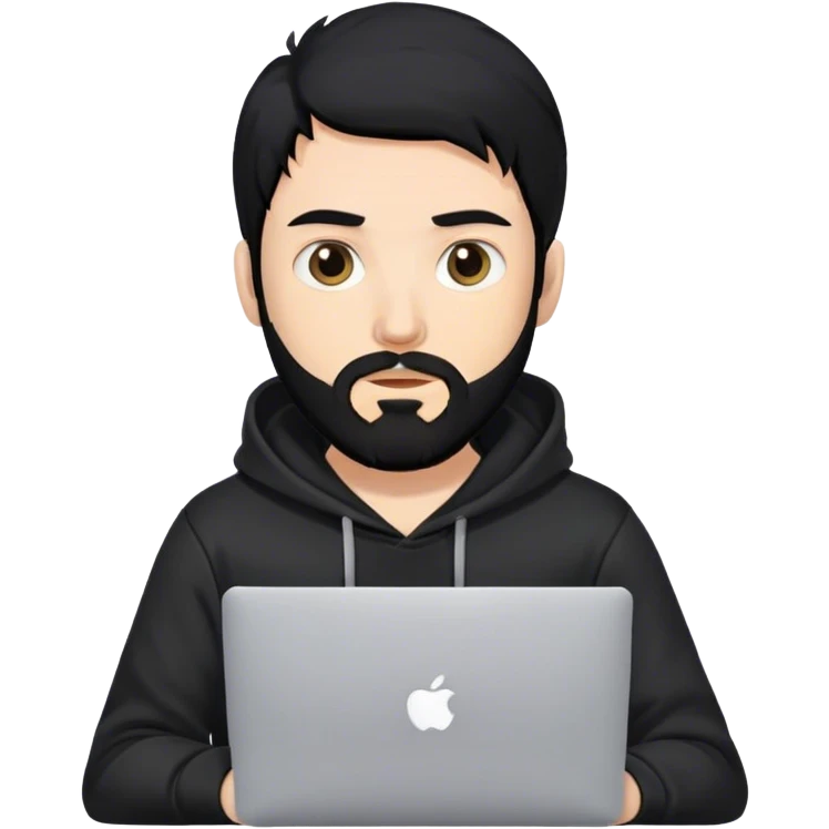 hackeur blanc cheveux noir barbe et capuche noir avec un macbook emoji
