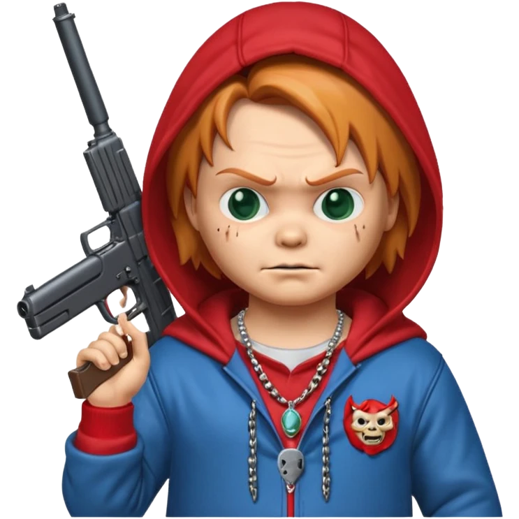 Chuky con pistola encapuchado y con collares emoji
