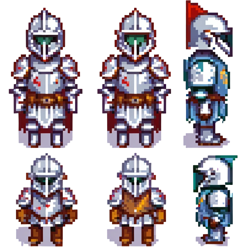 A pixel art knight in armor with a closed helmet, expressing disgust. The knight's arms and legs are in different positions. The image is portrait-sized and has a clear outline. emoji
