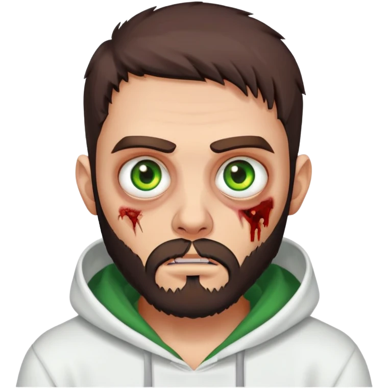 zombie making peace sign, undercut hairstyle with dark brown hair, short full beard, heterochromia with one green eye and one brown eye, wearing plain white hoodie emoji
