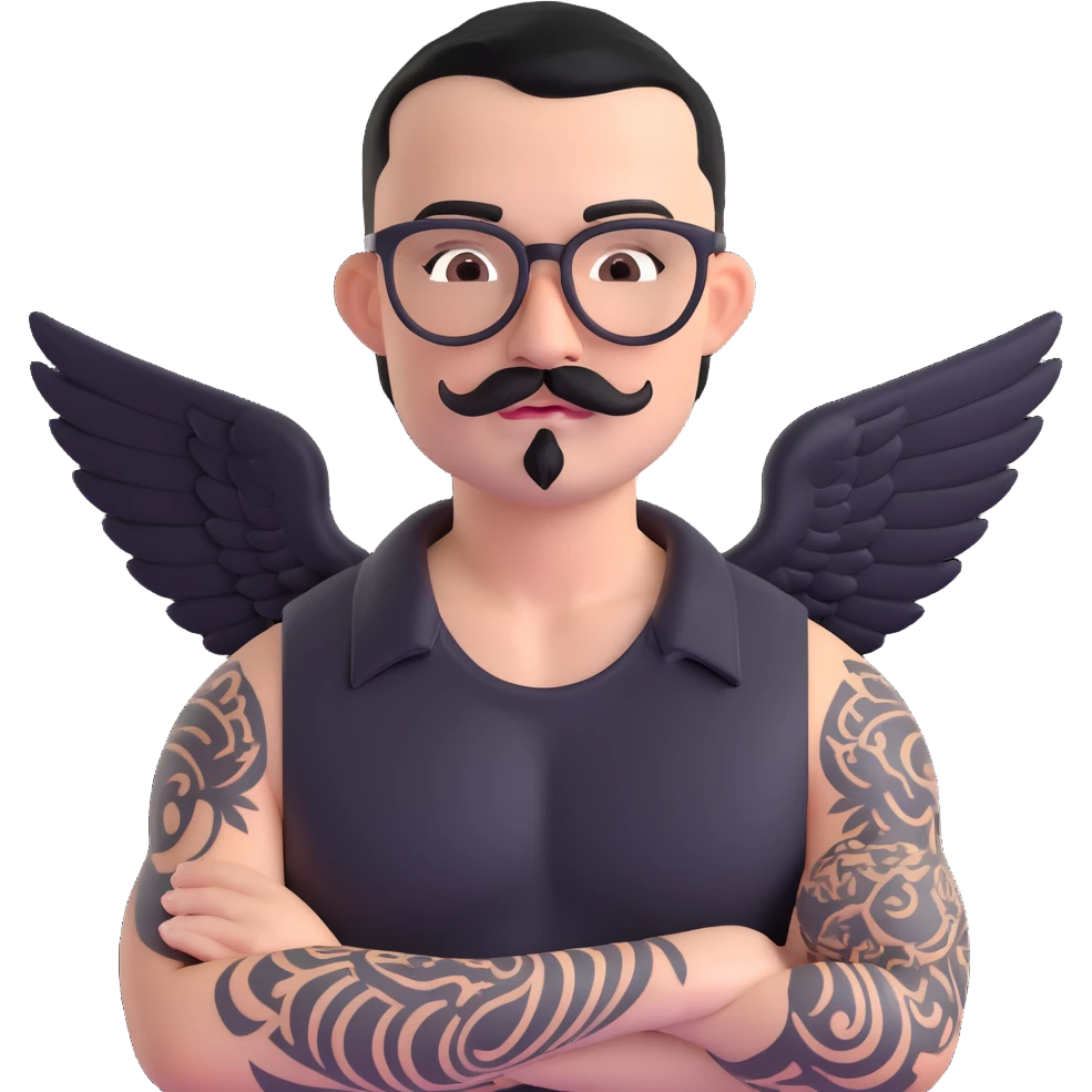pumped up white male, glasses, buzz cut black hair, handlebar mustache black, two wings tattooed on his chest emoji