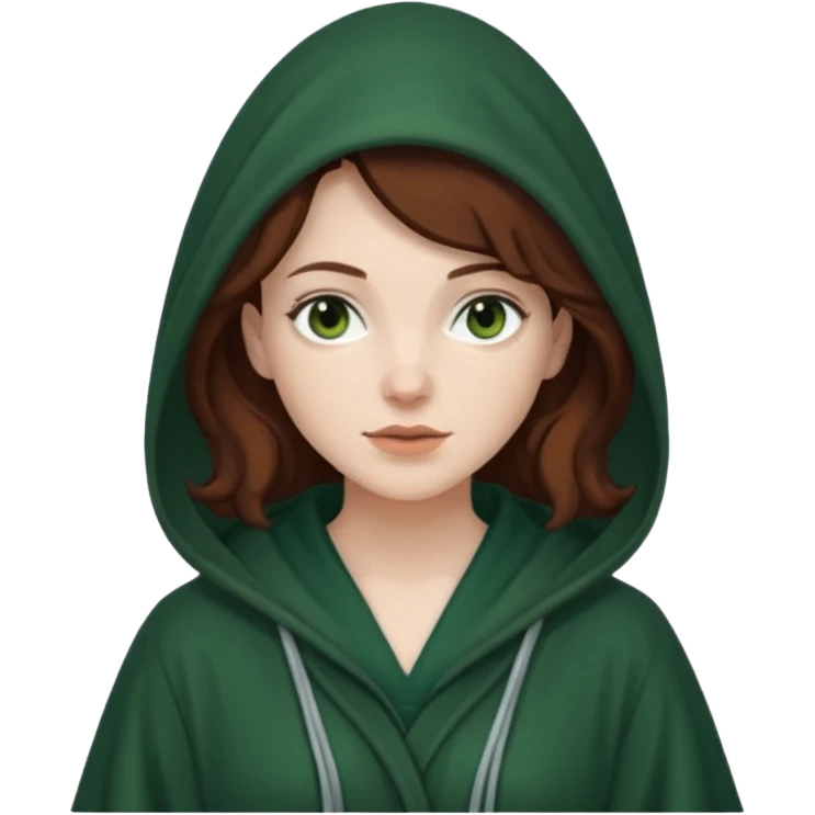 A white woman with dark auburn hair robed and hooded like she's a Traitor in the tv show The Traitors. her hair is slightly curly and the robe is a dark green emoji