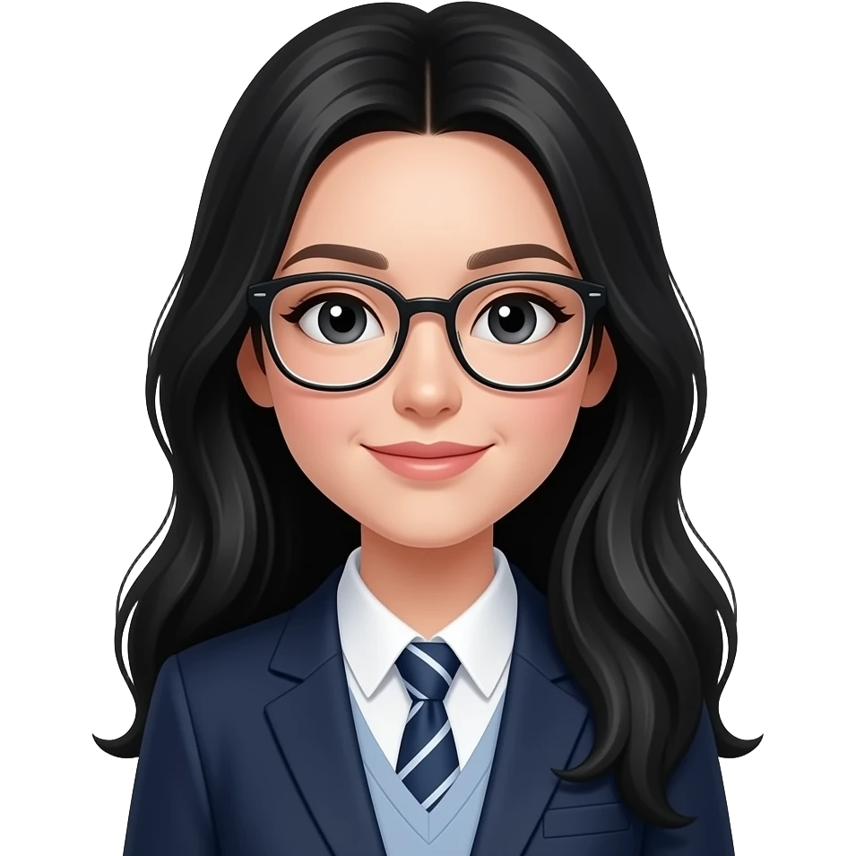 femme, cheveux longs noirs à lunette, tenue blouse blazer à l'école emoji