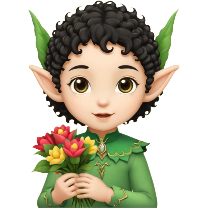 baby elf black curly hair with pointy ears, hold flowers emoji
