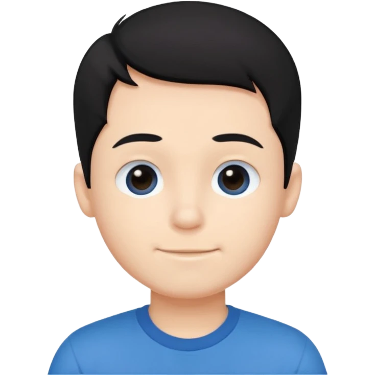 Cute cartoon-style boy portrait, black hair, blue t-shirt, big black eyes, closed mouth,clean bold lines, flat colors, minimal shading emoji