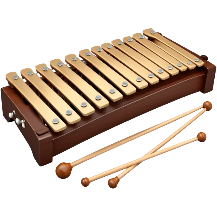 Create a detailed and professional emoji representing a Fleet FLT-SX37 orchestral wooden xylophone. The design should showcase the large, wooden bars of the xylophone arranged in a traditional layout, with a polished, smooth finish. The bars should be dark brown or mahogany, with soft metallic reflections on the resonators underneath. Include two mallets with rubber or wooden heads resting on the bars, emphasizing their role in striking the notes. The xylophone should have a sophisticated and professional appearance, with clean lines and a polished look. Add subtle musical notes or sound waves to represent the vibrant sound produced by the instrument. The background should be transparent. emoji