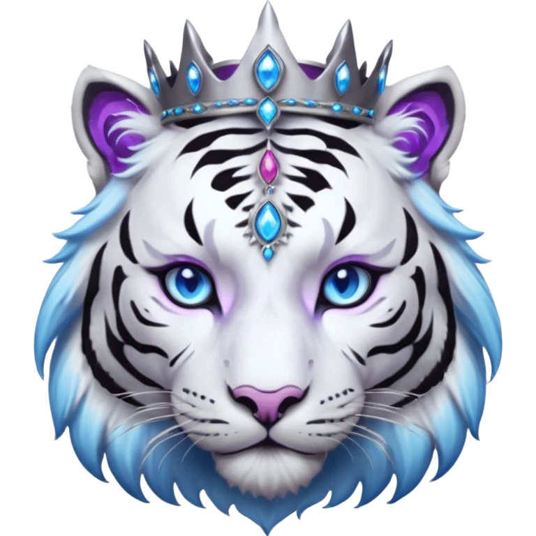 ESO Female white/black tiger khajiit leader of the umbral rose, glowing blue eyes, glowing blue 'third eye' gem; purple gemmed silver crown/tiara emoji