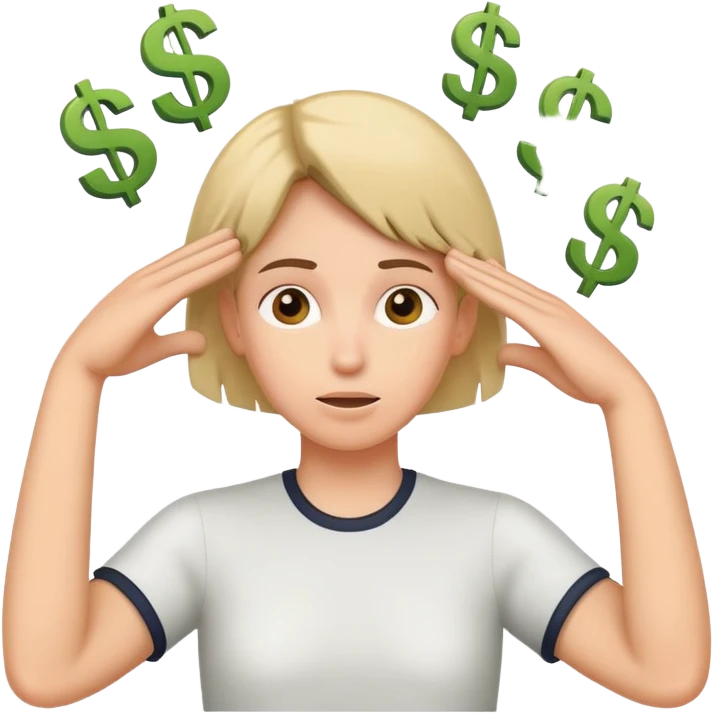 thinking about money, scratching head, with dollar signs around emoji