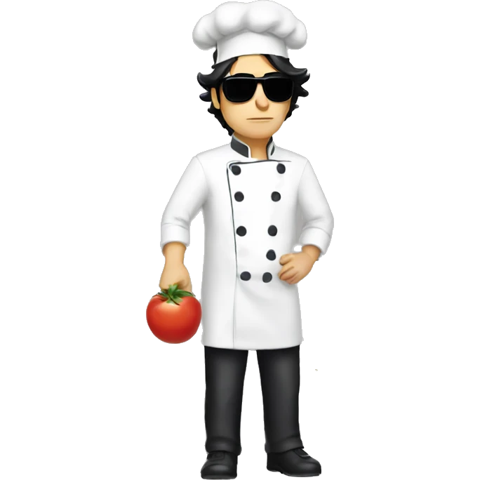 men with black sunglasses, black hair, dressed as chef, sad, with money in one hand and food on the other emoji