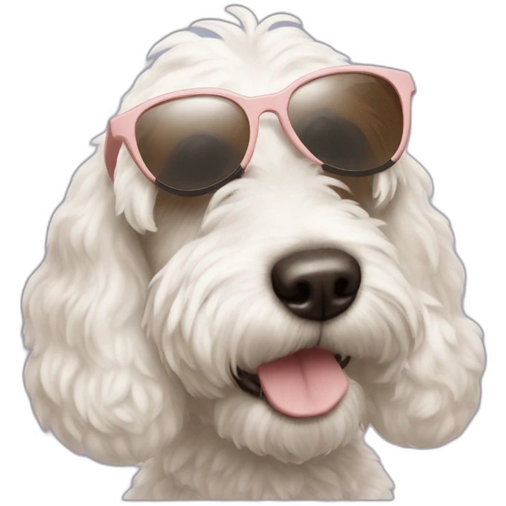 White cockapoo with brown ears rose nose and sunglasses emoji