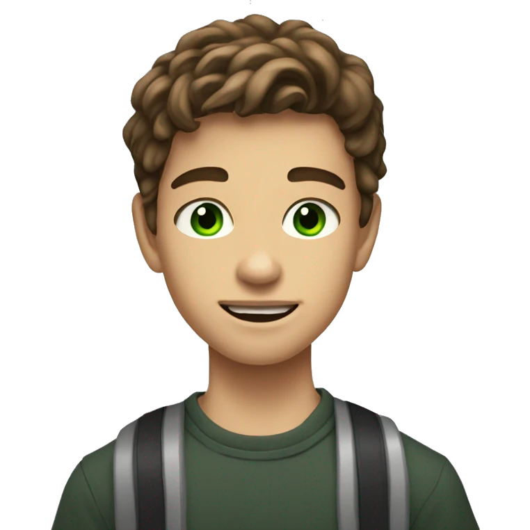 13 year old boy brown hair green eyes super big jaw line  emoji