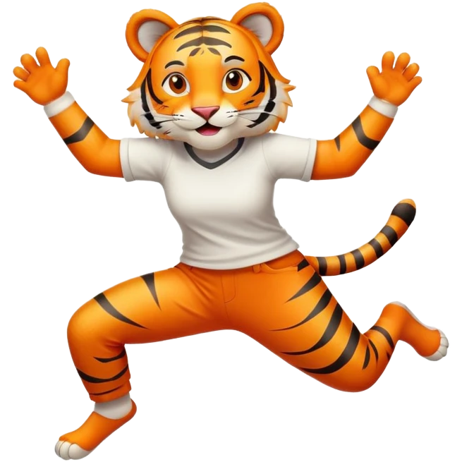 friendly anthropomorphised female tiger in a shirt and pants leaping, energetic pose emoji