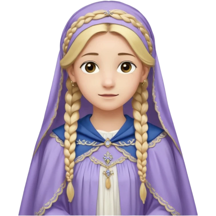 Joven de unos 20 años, de aspecto dulce y elegante.
Piel clara, ojosy expresivos, sonrisa triste.
Rubio o castaño claro, largo, con trenzas o velo.
-Vestido largo de tonos suaves (blanco, azul o lavanda), con bordados dorados; un manto o toca fina cubriendo la cabeza. de cuerpo entero  emoji