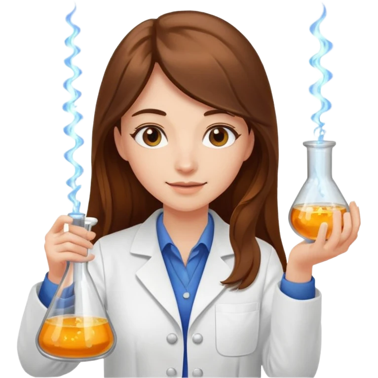 Crie emojis de uma mulher de cabelos longos castanhos farmacêutica mexendo com becker e com faiscas emoji