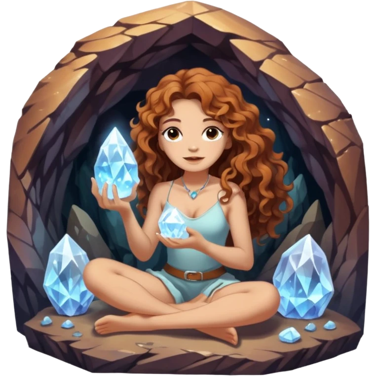 full body woman long curly brown hair brown eyes white skin tattoos sitting inside crystal cave opening, touching glowing quartz emoji
