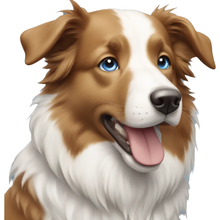 A white and light brown border collie, with one blue eye and one blue and brown  emoji