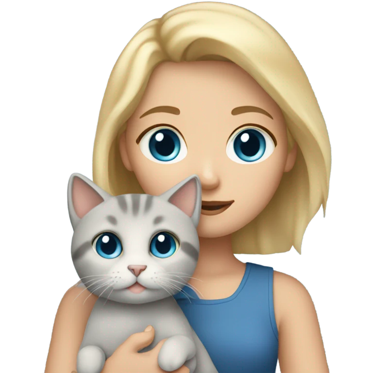 Short Blonde hair with blue eyes girl holding a gray cat  emoji