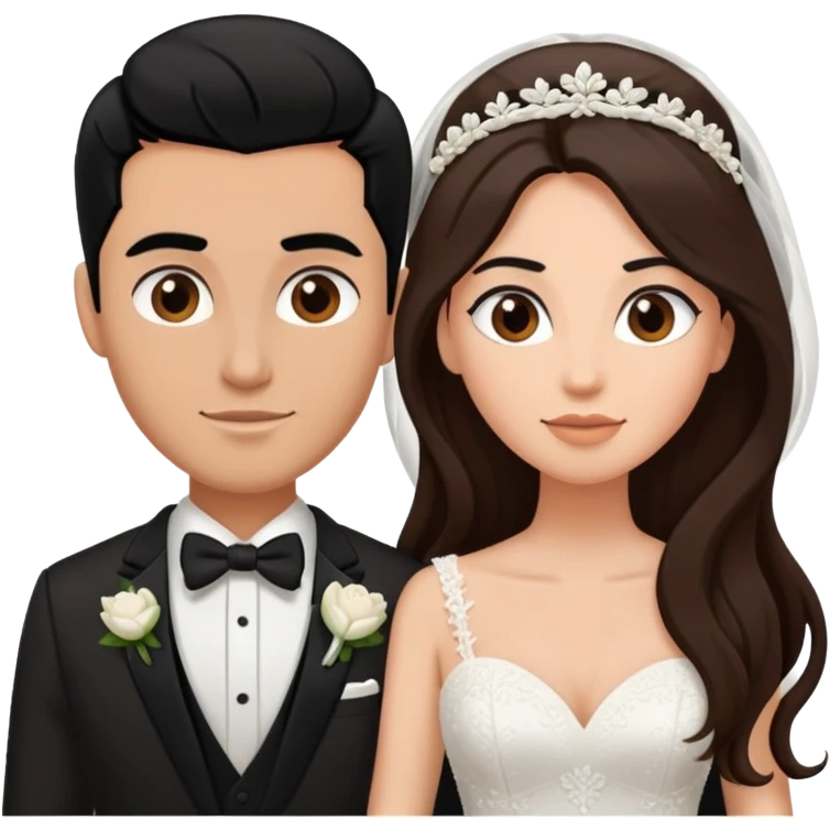 bride with long brown hair and groom with buzzed black hair emoji