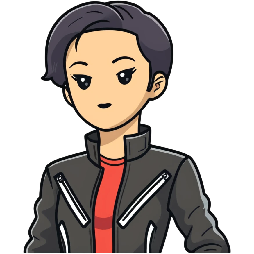 female character with oval-shaped flat-top head wearing a tight-fitting elbow-length black leather jacket emoji
