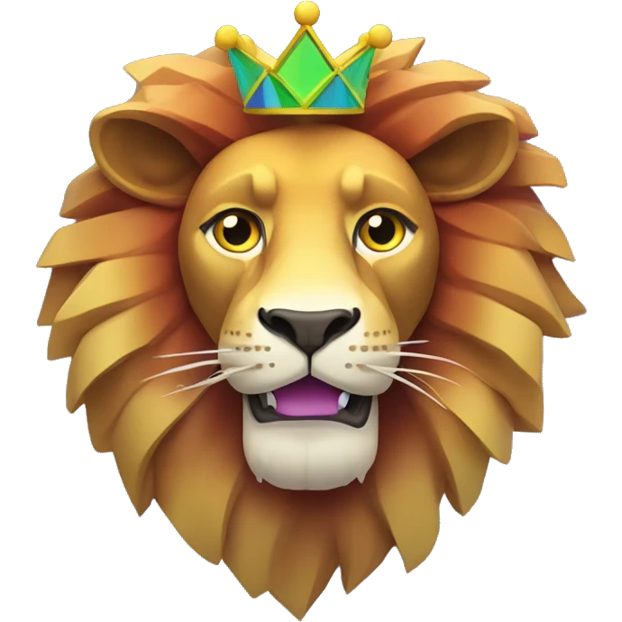 Create an emoji of a multicolored geometric lion with a golden crown, looking astonished with wide eyes and an open mouth. Use bright colors like green, yellow, blue, red, and purple, with a colorful circular background. emoji