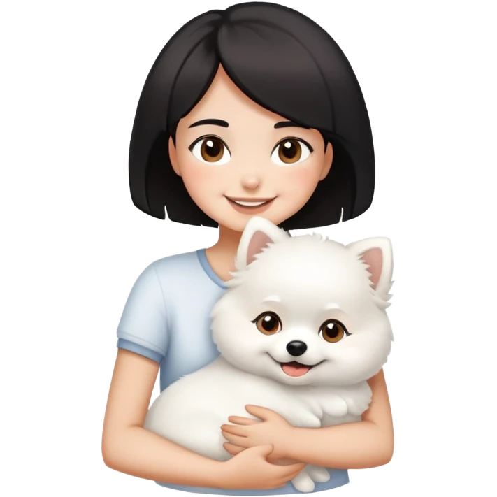A black short-haired girl happily hugs a white Pomeranian emoji