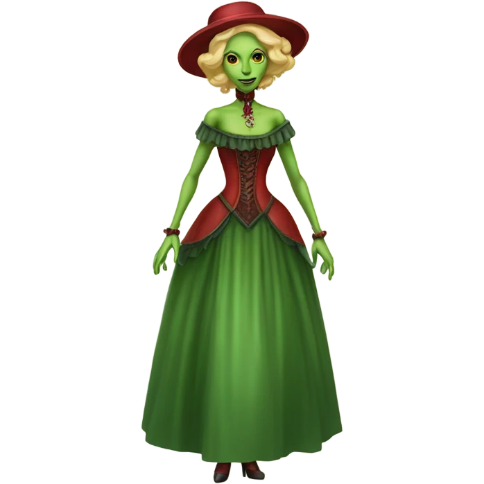 "galora green blonde alien woman" in red Victorian dress elegant, full body emoji