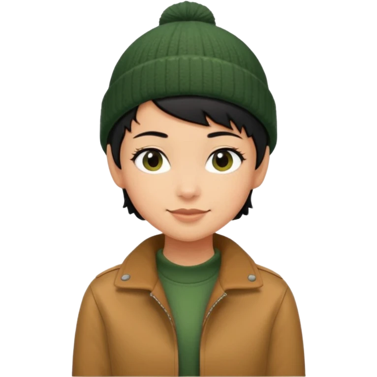 tan skin, non binary person with pixie cut black hair, wearing brown jacket and dark green beanie, shy smile  emoji