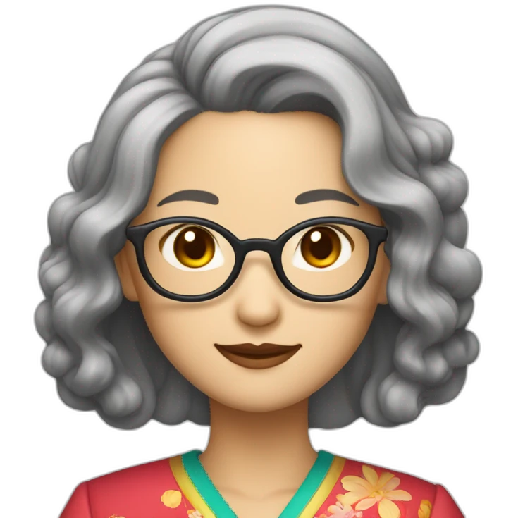 Chinese lady with like Lai gray hair wavy hair to the shoulder length where Chinese dress colourful dress wear glasses emoji