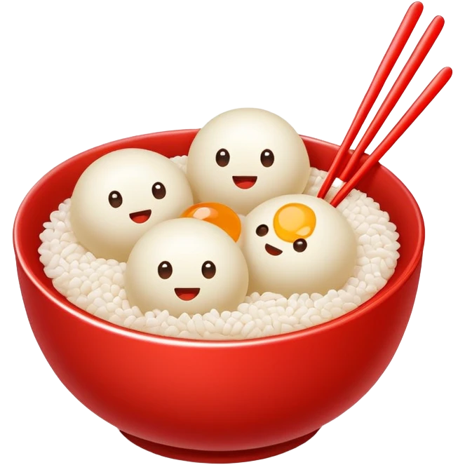 Sweet glutinous rice balls in syrup bowl with sesame, simplified emoji style with bold outlines and bright colors, cartoon style Tangyuan dessert snack emoji