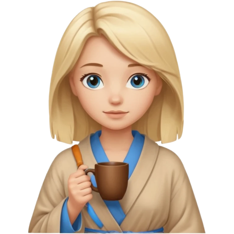 cozy blonde girl with middle length hair and blue eyes holds a brown cup in beige  robe emoji