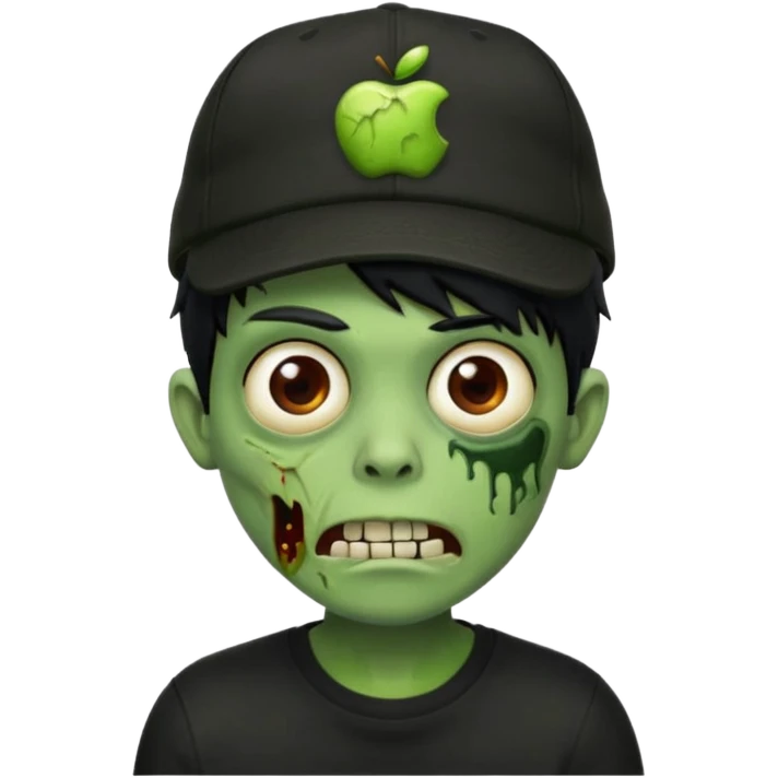 Green zombie, black hair, designer cap turned to the left, black shirt. Apple iOS style. emoji