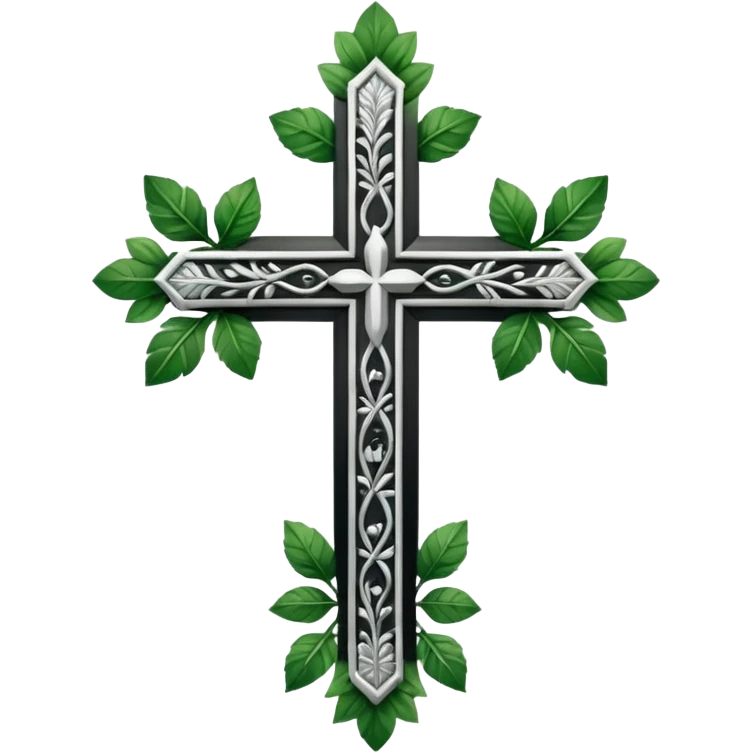 a black and white detailed cross with leaves over the top emoji