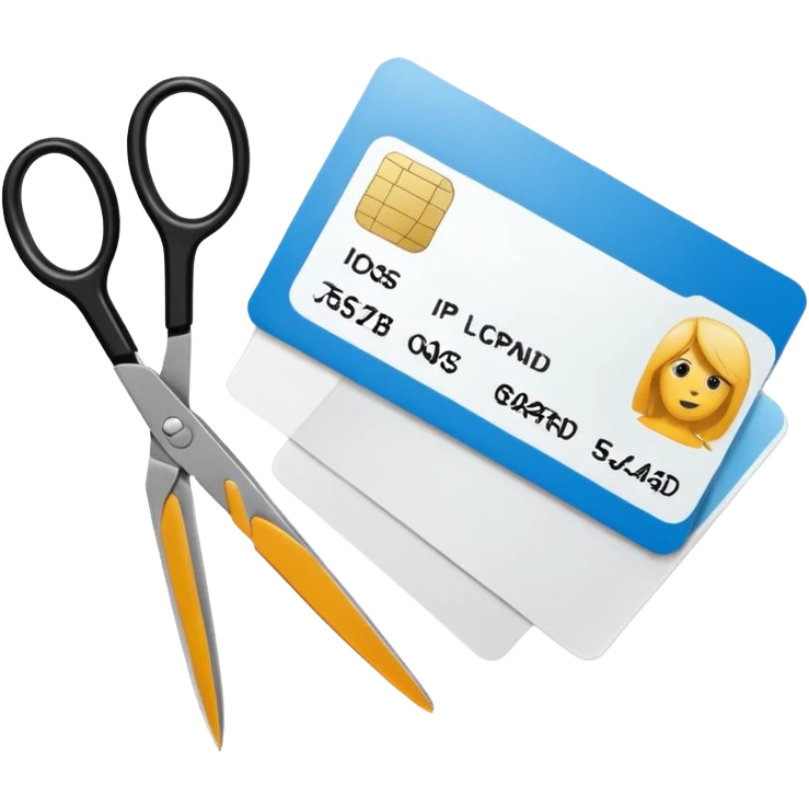Scissors cutting ID card in 2 parts. Realistic emoji