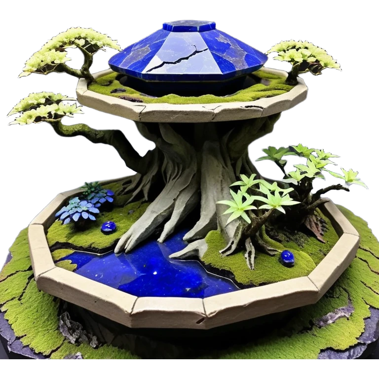  Alien saucer-castle jungle winding trail mountainside getaway haunted nighttime hobbit landscape antique mudman very old broken cracked intricate Stone Age lapis-crusted irregular dodecagon-shaped shallow dark moss rough bark violet flowered maple bonsai Saikei coffee table-sized diorama emoji