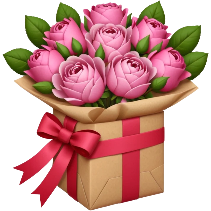 Bouquet of pink flower like rose and peony wrapped in kraft paper with red bow emoji