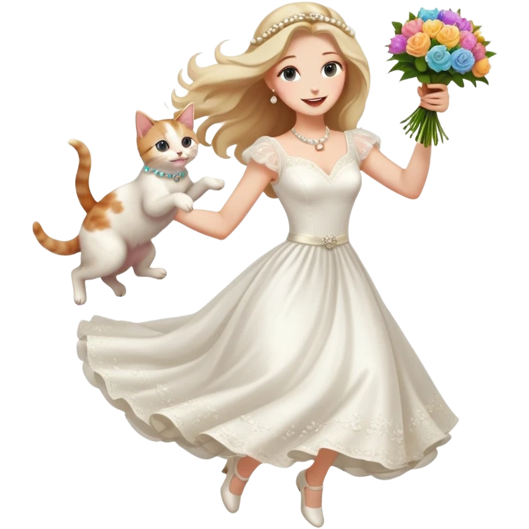 White woman - long hair - white wedding dress - holding a kitten - happy - jumping - fashionable - elegant - bouquet - dreamy - colorful - pearl accessories emoji