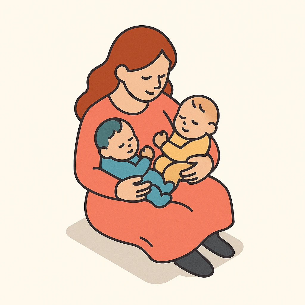 a mother sitting and holding two babies in her arms, warm and loving, 2D isometric illustration style emoji