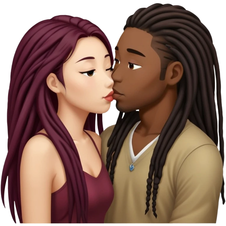 Dark Wine colored hair asian long hair, kissing young black guy with dreads emoji