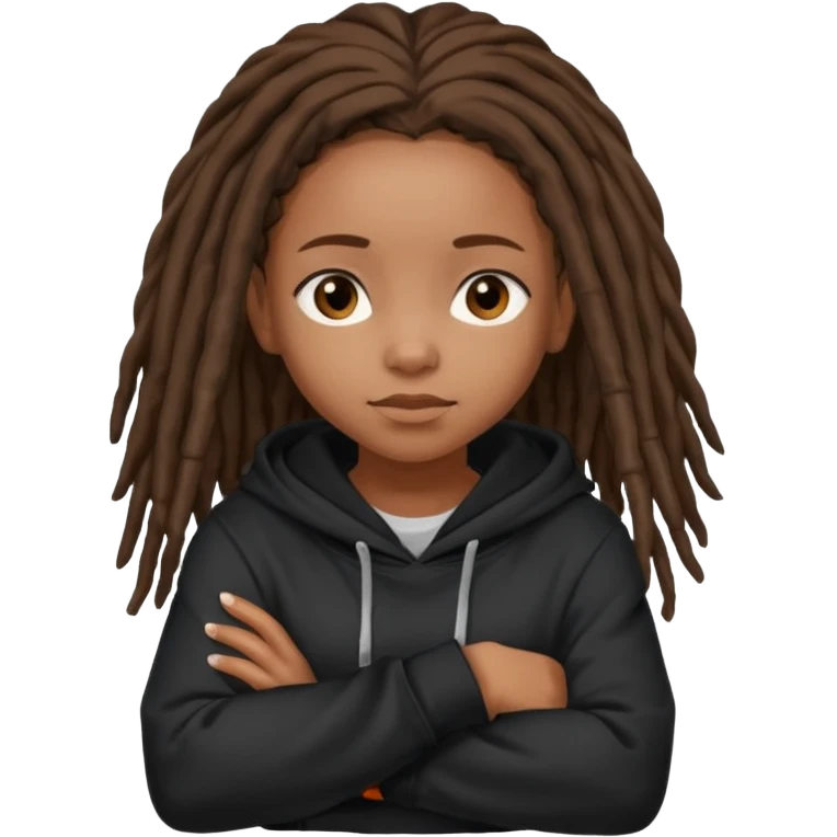 African American girl with shoulder length dreadlocks wearing a plain black hoodie with her arms folded across her chest emoji