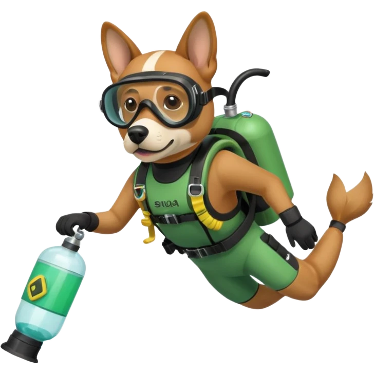 dog wearing scuba green gear dive into the sea with diver mask and oxygen tank emoji