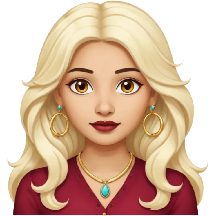 Attractive indian woman with a wide face, baddie look, Long wavy white-blonde hair and gold hoop earrings emoji