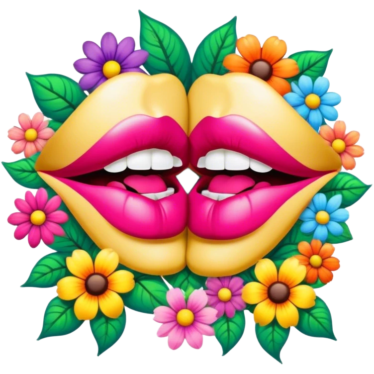 psychedelic colored pair of lips surrounded by hippie style flowers emoji