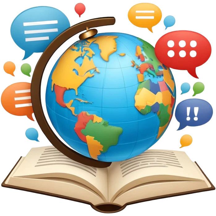 An icon showing a globe surrounded by speech bubbles with greetings in different languages, like 'Hello,' 'Hola,' and 'Bonjour.' The design includes an open book and a quill, symbolizing learning and communication. Transparent background emphasizes global connection through language. emoji
