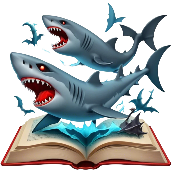 Icon for Horror & Mystery Reading: an open book with eerie glowing symbols, from which rise vampire Dracula with fangs, flying bats, a zombie hand, and a lurking shark with sharp teeth. Surrounding elements. Transparent background. emoji