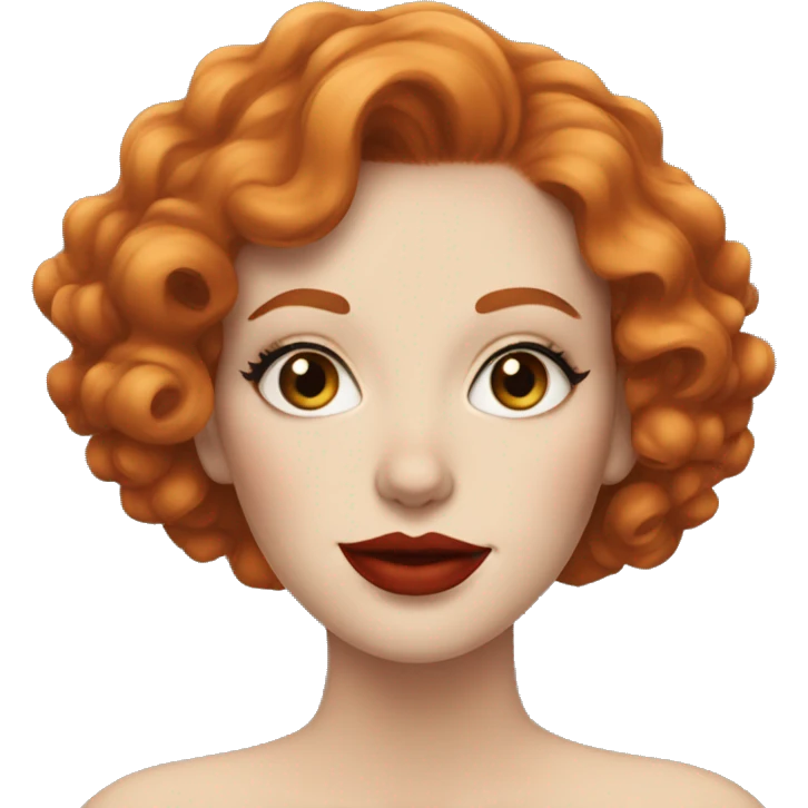 Pale Woman with short curly red hair, bright red lipstick and cat-eye makeup emoji
