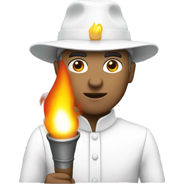 man in white pointed hat holding a torch with fire emoji